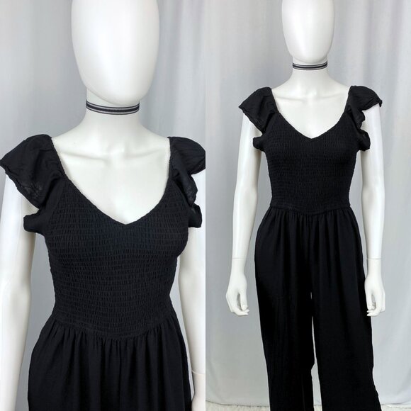 Japna black shirred wide-leg flutter sleeve pockets rayon goth jumpsuit small - Picture 1 of 3
